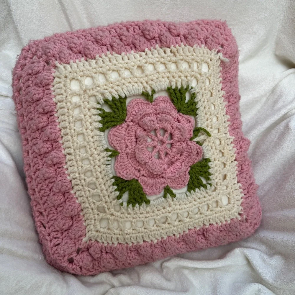 Handmade Crochet Rose Throw Pillow 15x15 Pink Cream Vintage Cottage 3D Floral